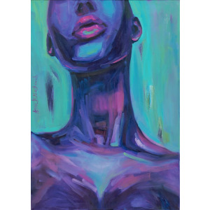 Phenomenally Black female portrait in teal and purple by artist Anna Miklashevich