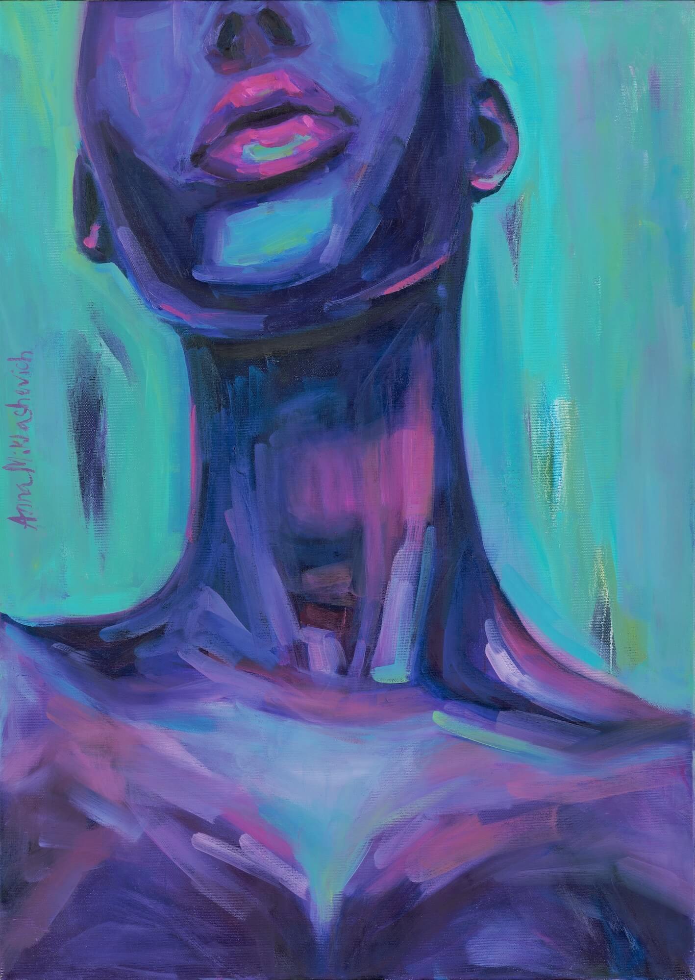 Phenomenally Black female portrait in teal and purple by artist Anna Miklashevich