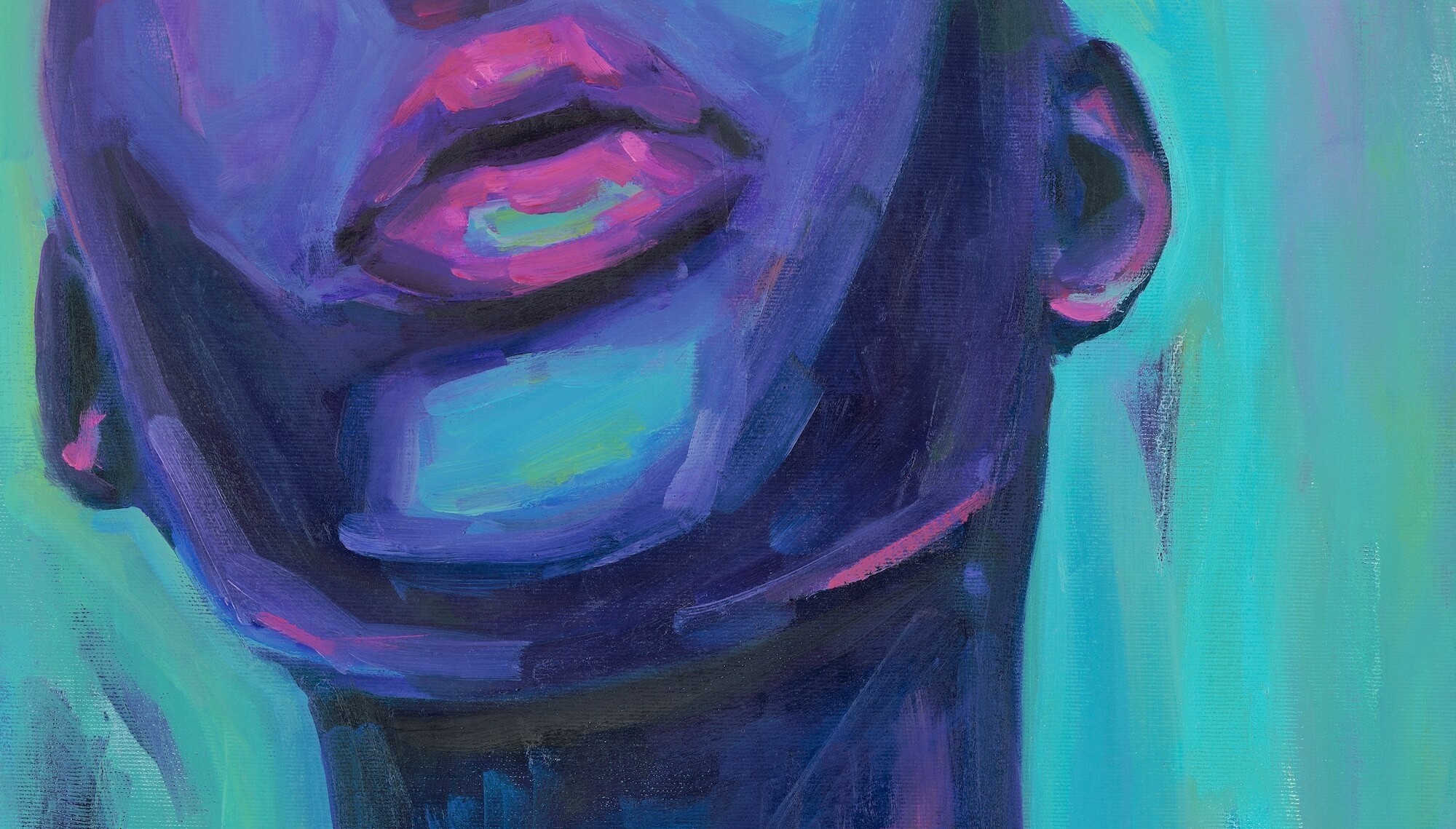 Phenomenally Black female portrait in teal and purple by artist Anna Miklashevich