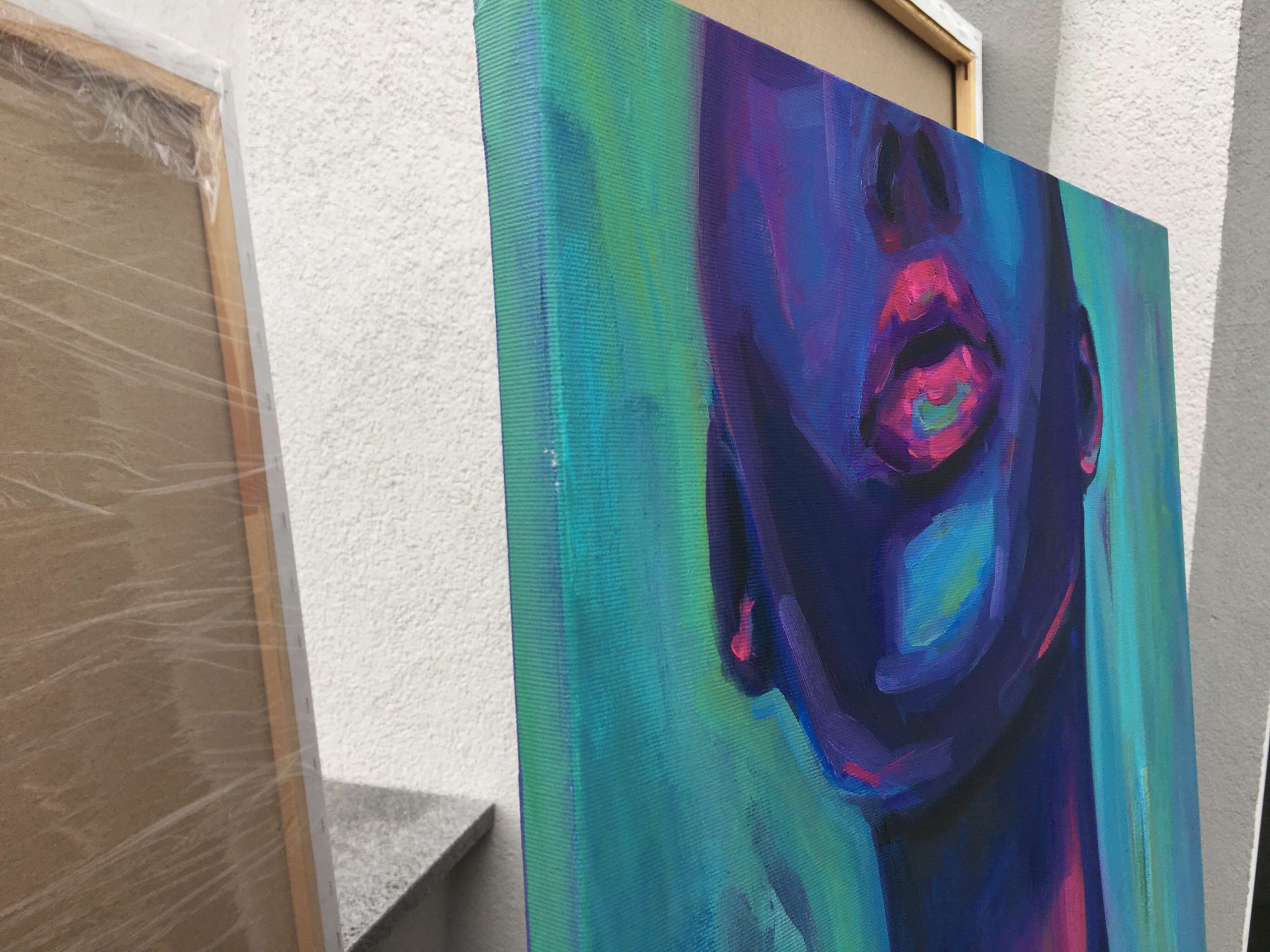 Phenomenally Black female portrait in teal and purple by artist Anna Miklashevich